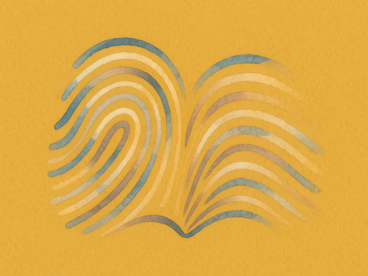 pastelowa grafika nawiązująca do szkoleń z RODO pokazująca linie papilarne w formie otwartej książki