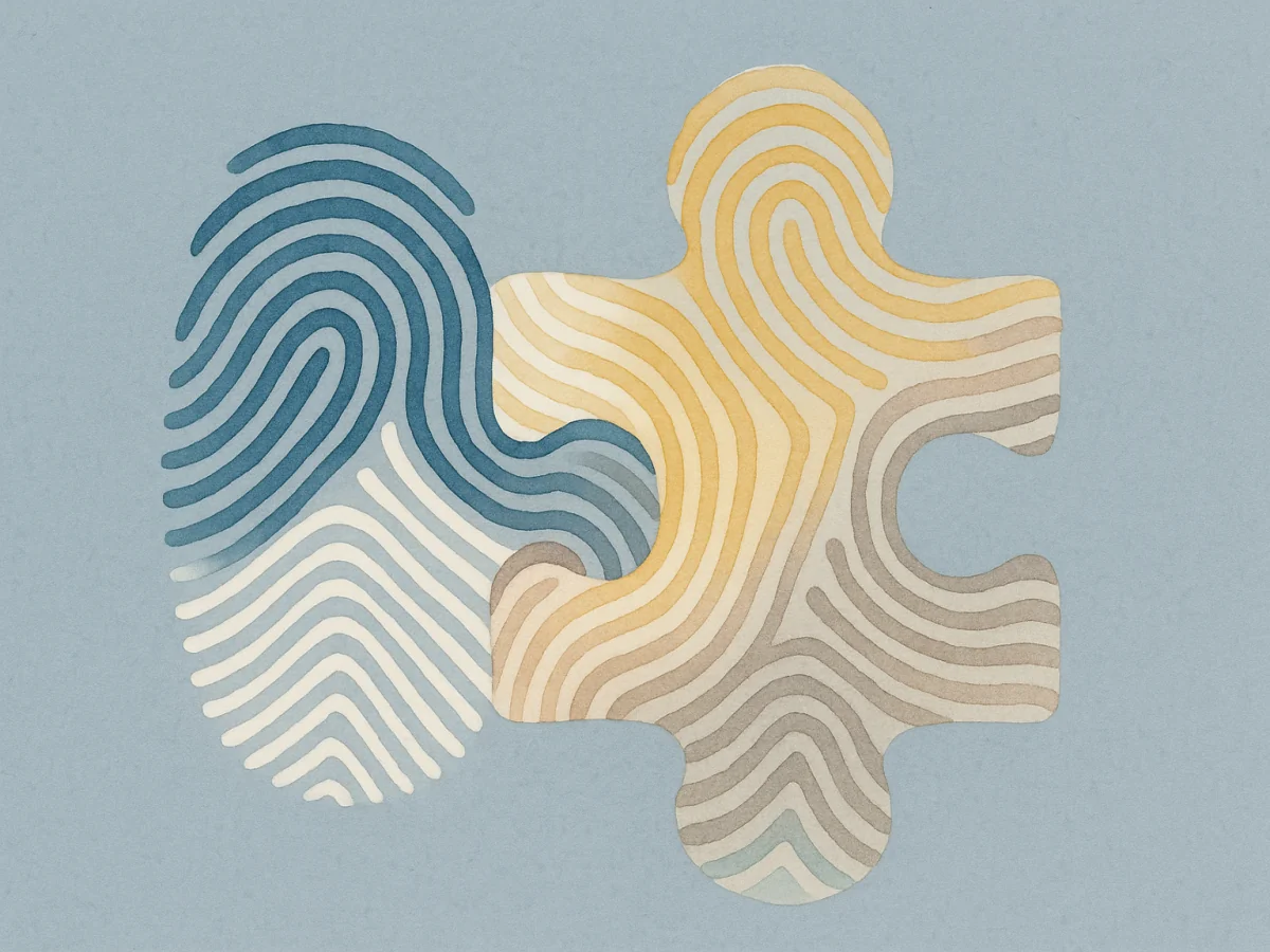 pastelowa grafika ukazujące przenikające się linie papilarne z fragmentem puzlu nawiązująca do tematu wdrożenia RODO